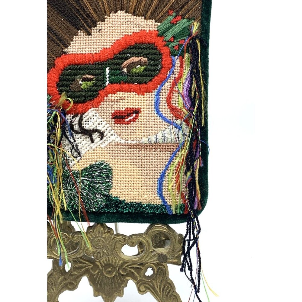 Vintage Handstitched Needlepoint Art Deco Pillow Flapper Masquerade Mask 6.5"x5" - Picture 4 of 10